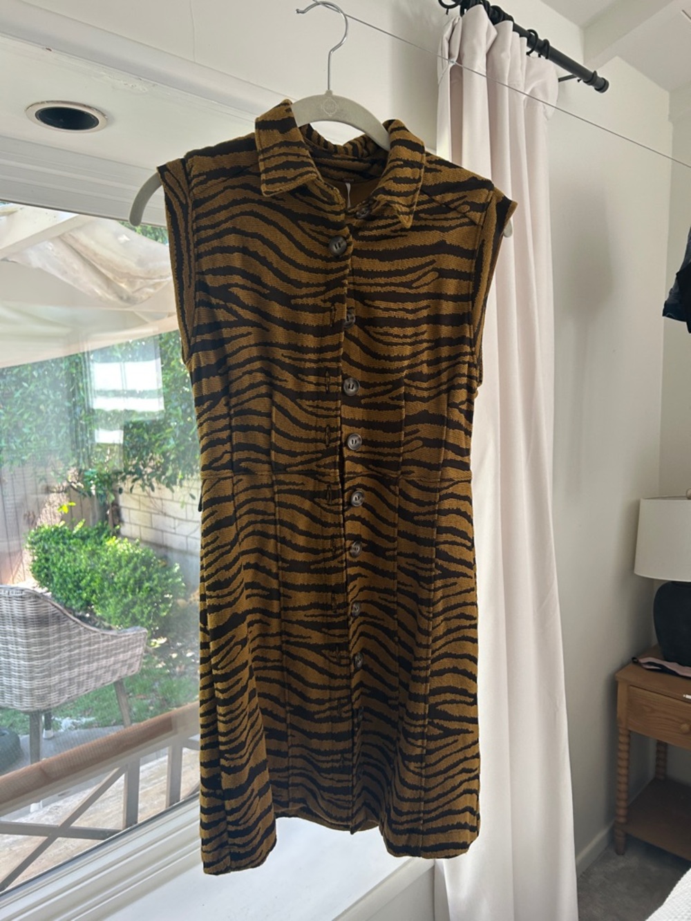 Sleeveless Tiger-Print Button-Front Dress in Brown